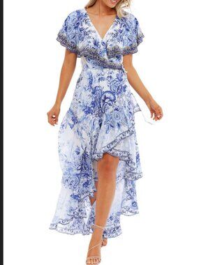 🐉 Camilla Silk Heart of the Dragon Wrap Dress Crystal Ruffle Luxe Boho Sold Out
